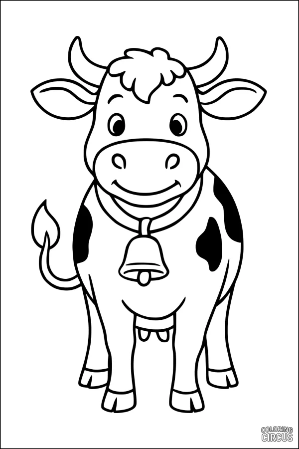 Coloring page of a smiling cartoon cow with a bell and patches