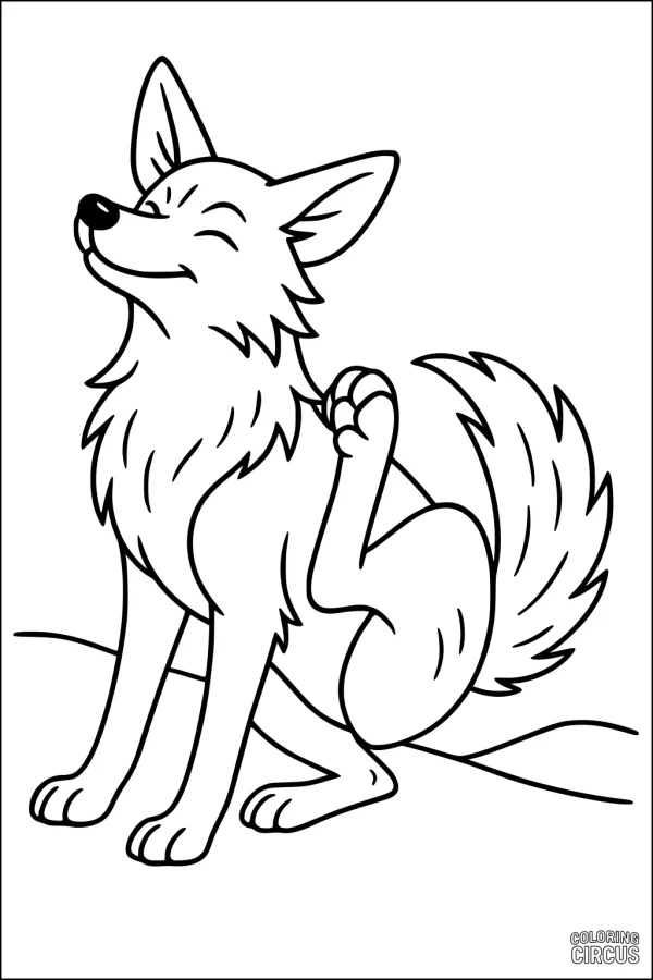 Coloring page featuring a happy coyote sitting and scratching its ear in a simple meadow scene