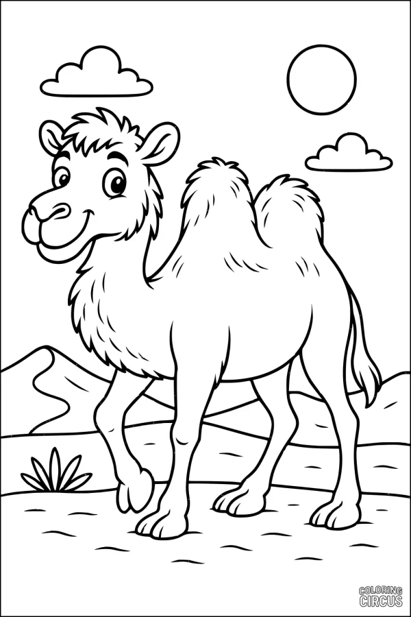Coloring page of a cartoon camel standing in a sunny desert landscape with clouds, sun, sand dunes, and a small plant