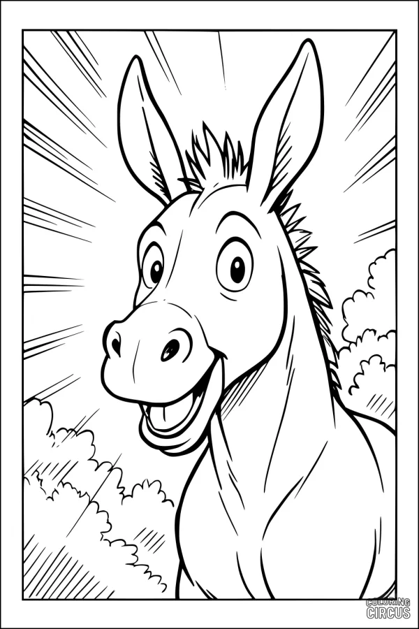 Coloring page of a smiling cartoon donkey with big ears and fluffy mane, with a background of puffy clouds