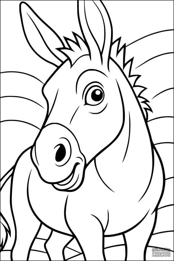 Coloring page featuring a smiling cartoon donkey in a meadow, perfect for kids
