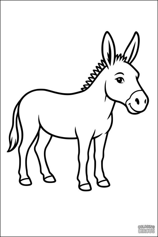 Coloring page of a cute smiling donkey standing in profile, perfect for young children and animal lovers