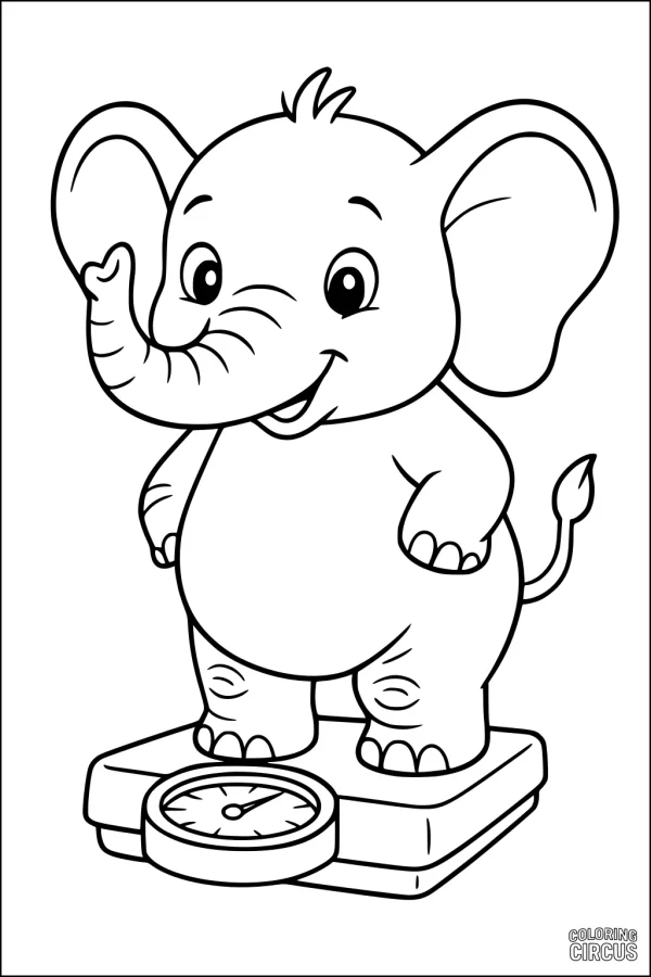 Coloring page of a cute cartoon elephant standing on a scale with a happy face