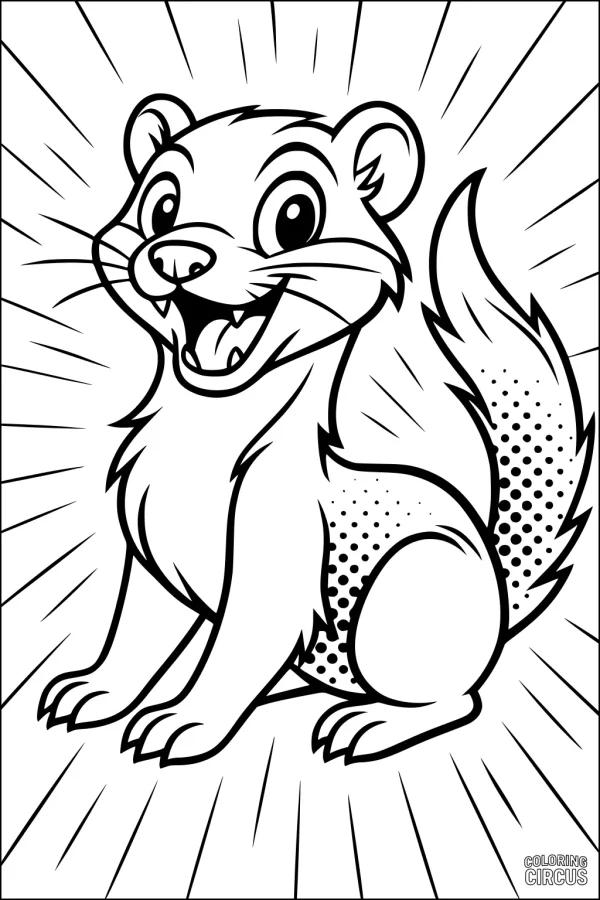Coloring page of a cartoon ferret sitting happily with radiant lines