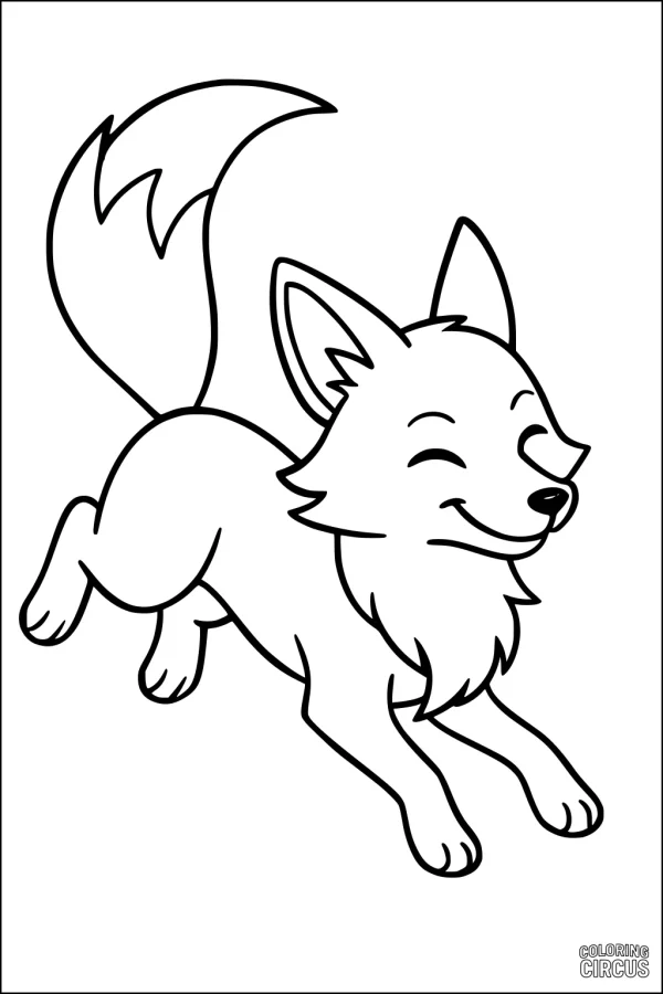 Coloring page of a cute smiling fox jumping with a fluffy tail, friendly for young children