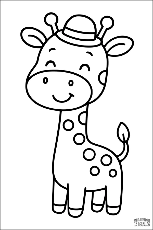 Coloring page of a smiling cartoon giraffe in a hat, perfect for young children