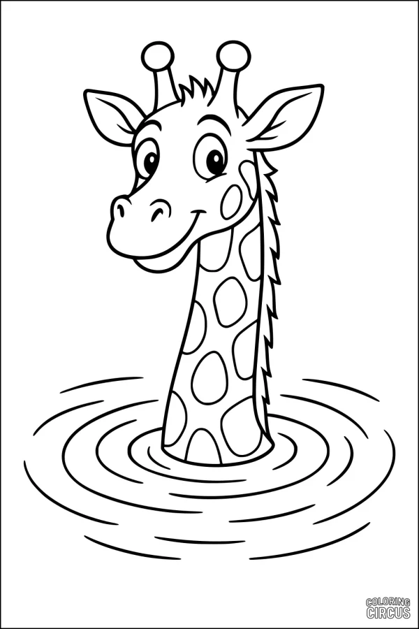 Coloring page of a friendly cartoon giraffe with a long neck in a pond, surrounded by ripples