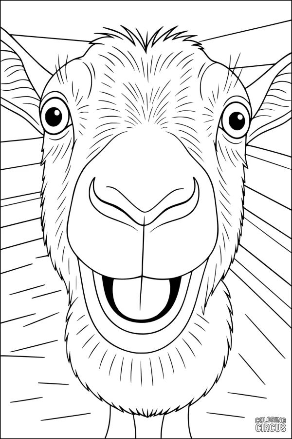 Coloring page close-up of a happy goat with a big smile and cartoon-style features