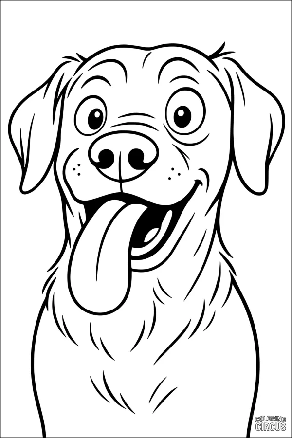 Coloring page showing a joyful cartoon dog with its tongue out and big friendly eyes
