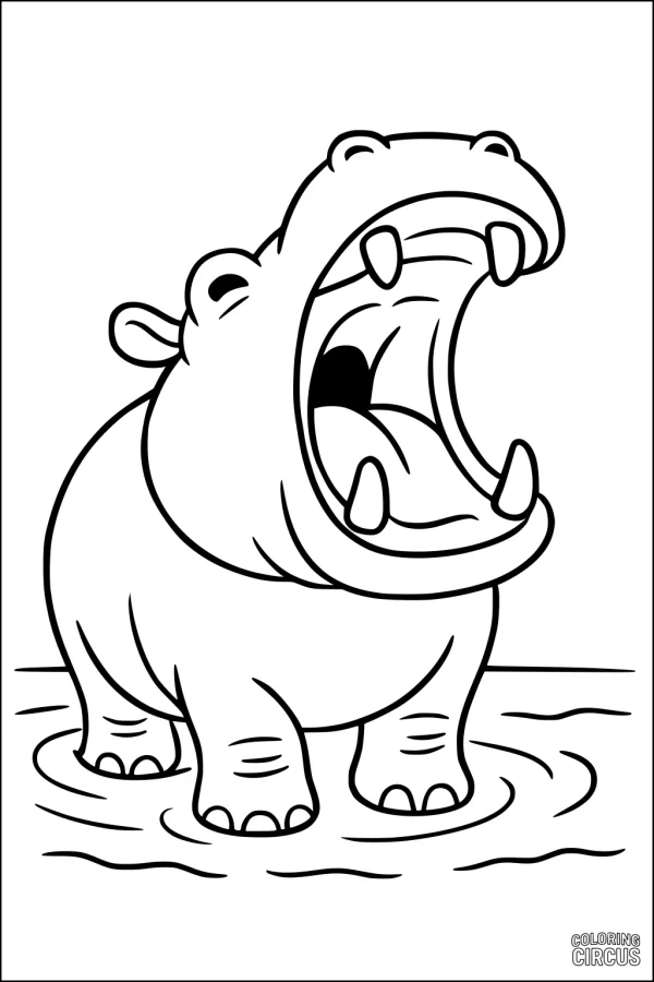 Coloring page of a cartoon hippopotamus yawning in a river for kids