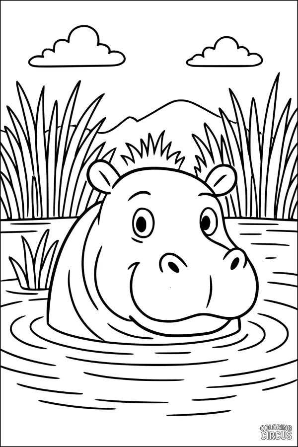 Coloring page of a friendly hippopotamus peeking out of a river with grassy reeds, gentle hills, and clouds in the background
