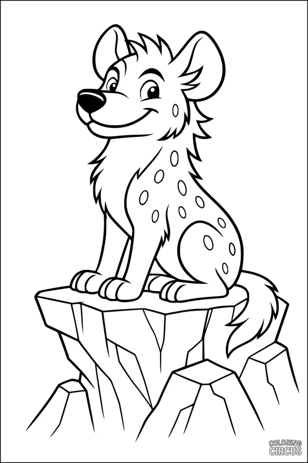 Coloring page of a cartoon hyena sitting on a rocky ledge for kids