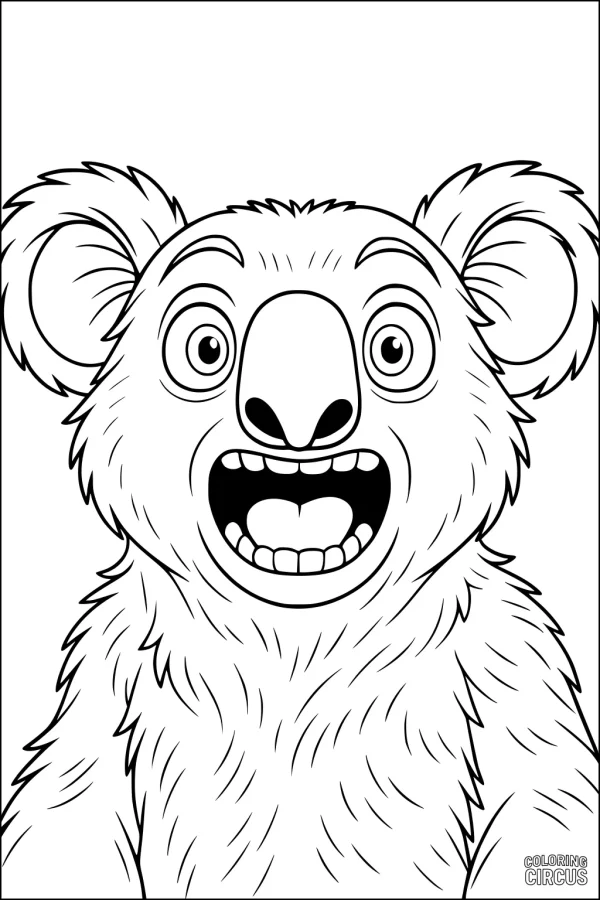 Coloring page of a happy cartoon koala with a big smile and fluffy ears