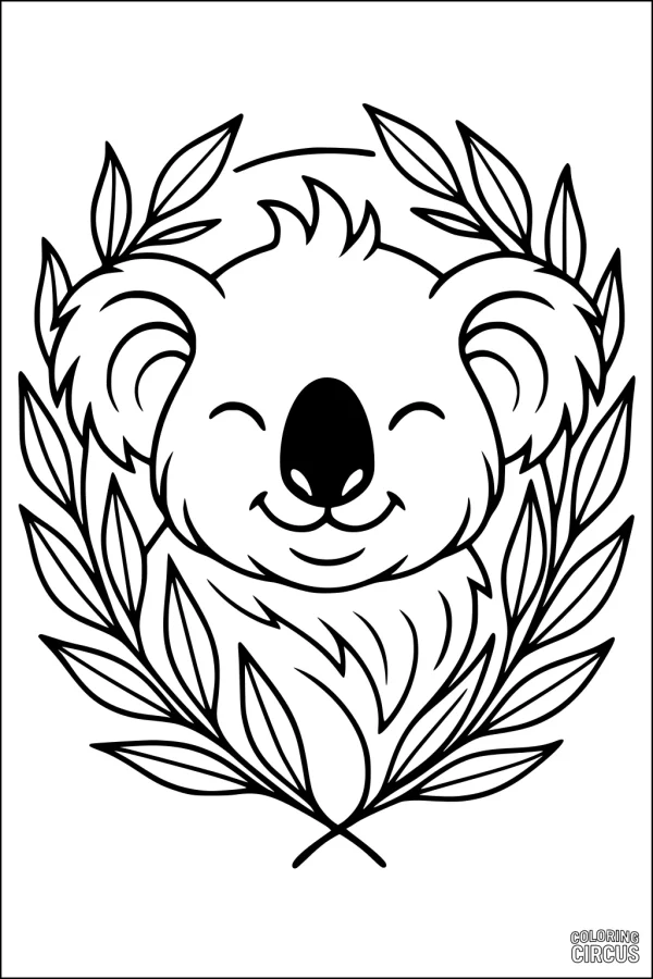 Coloring page of a smiling koala face surrounded by leafy branches, ideal for young children.