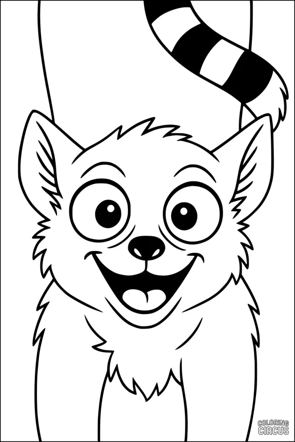 Coloring page of a friendly smiling lemur with fluffy face and striped tail