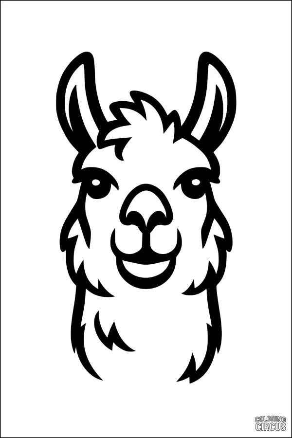 Coloring page featuring a cartoon llama with a happy expression, suitable for children