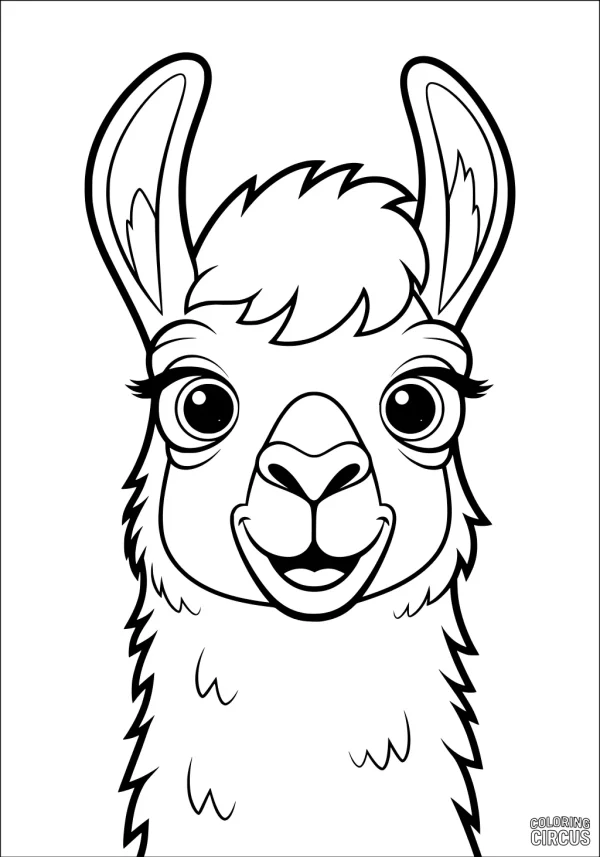 Coloring page featuring a cute, smiling llama with large eyes and fluffy ears, cartoon style