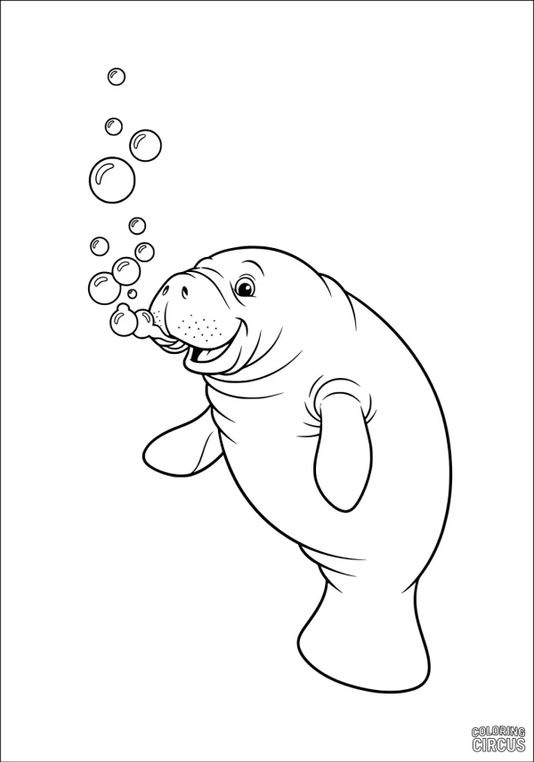 Coloring page of a cheerful manatee with bubbles, suitable for young children