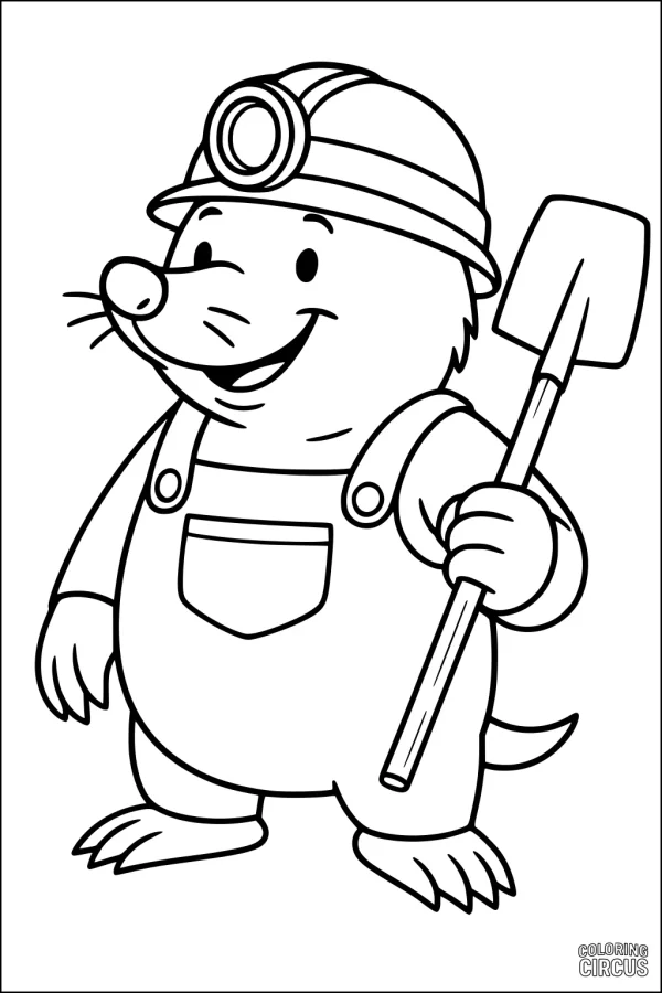 Coloring page featuring a smiling cartoon mole in overalls and helmet holding a shovel