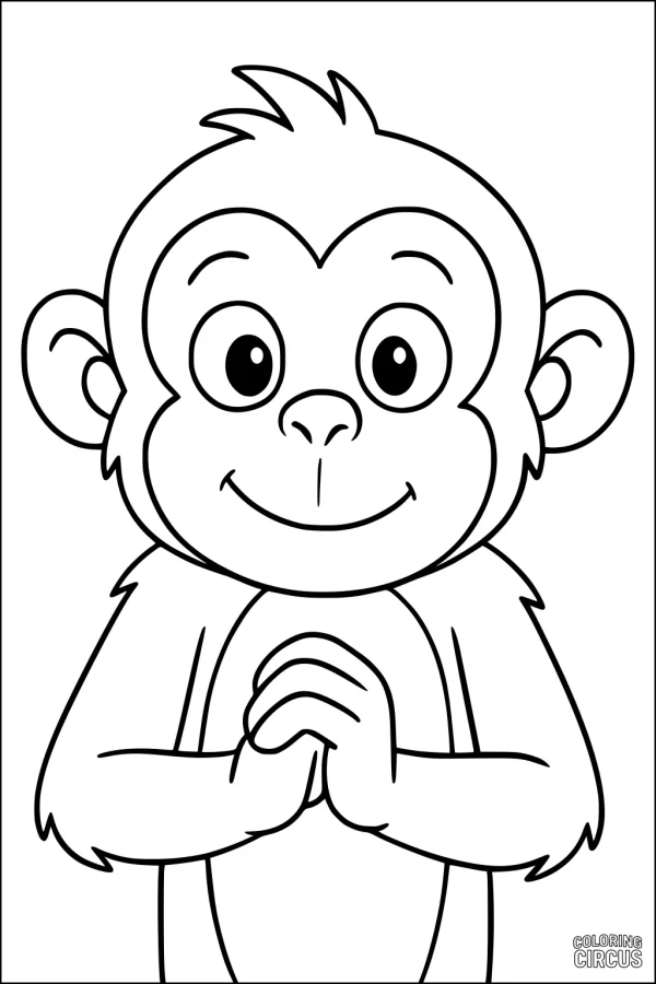 Coloring page of a smiling cartoon monkey with hands clasped
