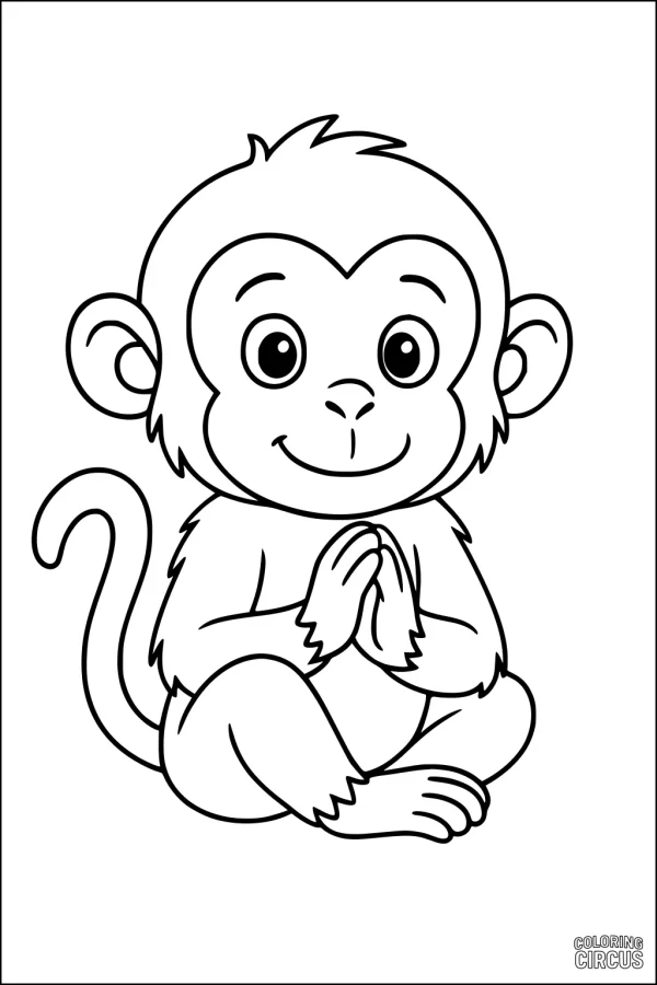 Coloring page of a cute cartoon monkey sitting with paws together and big eyes