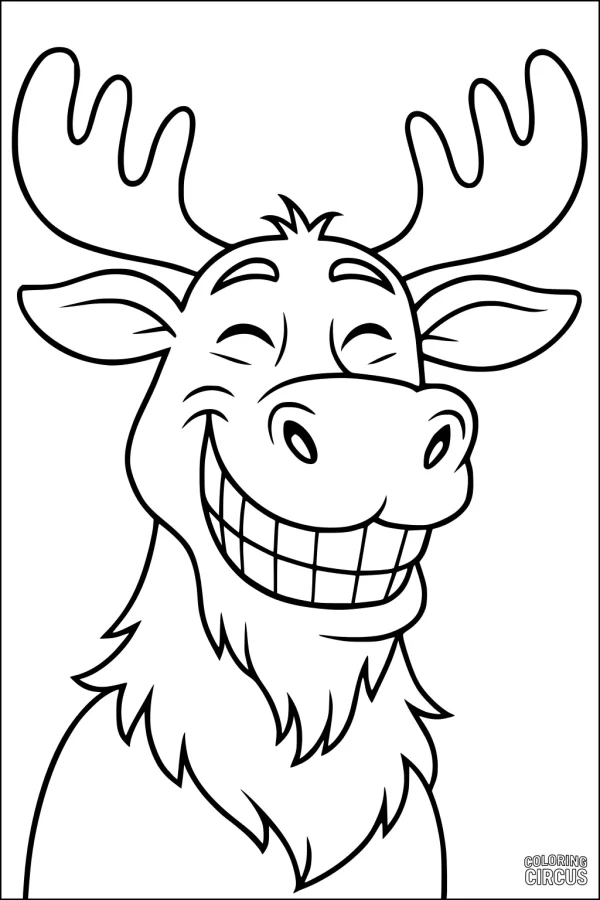 Coloring page of a smiling cartoon moose with large antlers grinning widely