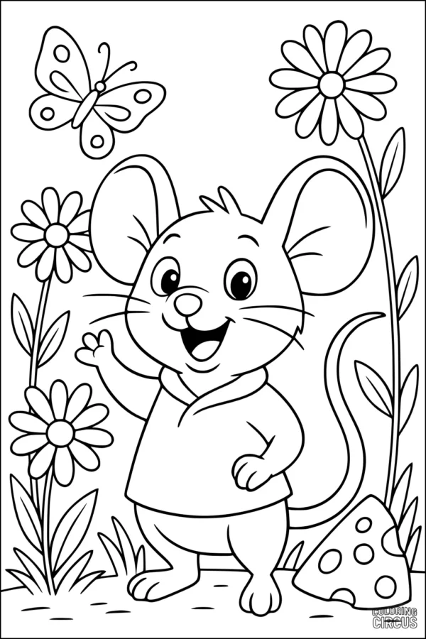 Coloring page featuring a cute mouse waving in a garden with flowers, a butterfly, and cheese