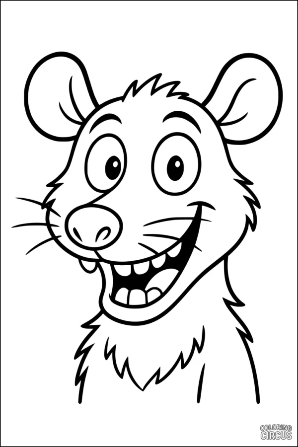 Coloring page of a cheerful cartoon opossum smiling with wide eyes and big ears
