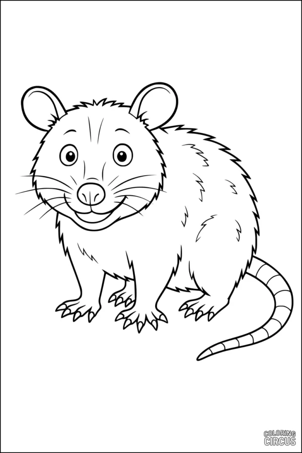 Coloring page of a cheerful opossum with a furry body and long tail, designed for kids.