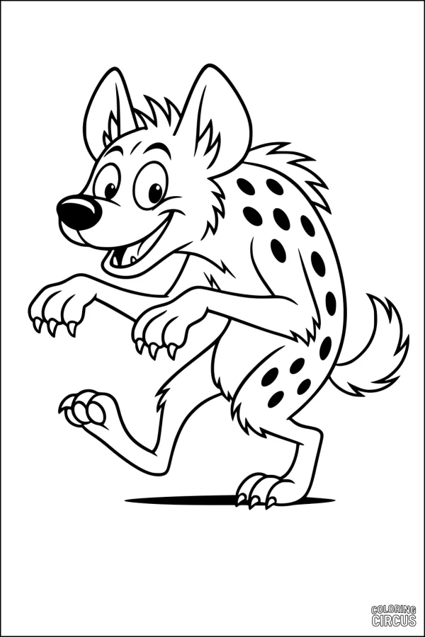 Coloring page featuring a cartoon hyena with playful spots and a big smile