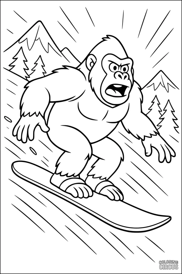 Coloring page of a cartoon gorilla snowboarding down a mountain with pine trees and mountains in the background