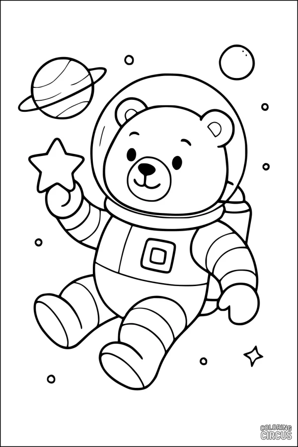 Coloring page of a cute bear in a spacesuit floating in space holding a star with planets and stars around