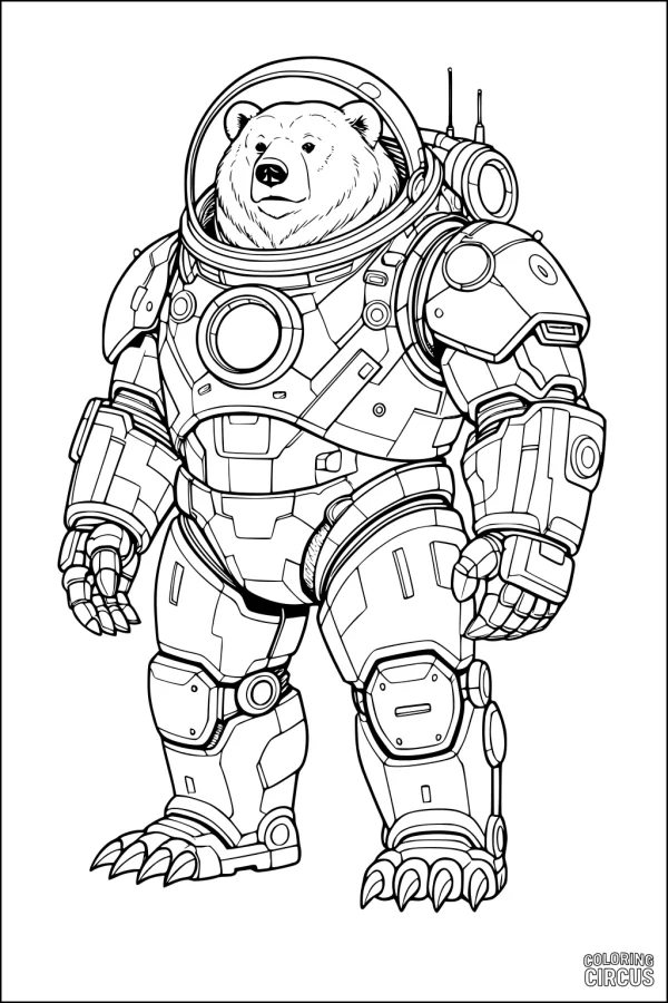 Coloring page of a bear in a detailed futuristic spacesuit, perfect for bear and space enthusiasts.