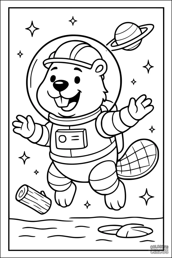 Coloring page of a cartoon beaver in an astronaut suit floating in space with stars, Saturn, a log, and a pond below