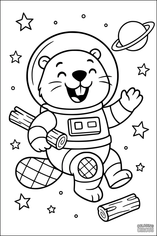 Coloring page featuring a cartoon beaver in a spacesuit floating in space with stars and a planet in the background