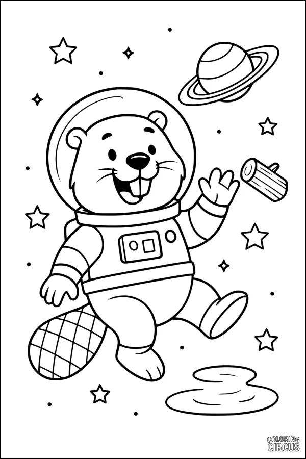 Coloring page of a cartoon beaver wearing a spacesuit floating in outer space surrounded by stars, a planet, and a floating log.