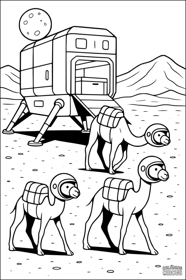 Coloring page with space camels in helmets on an alien landscape with a futuristic habitat in the background