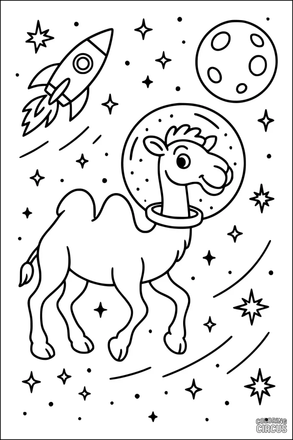 Coloring page featuring a cartoon camel in a space helmet floating among stars with rocket and moon