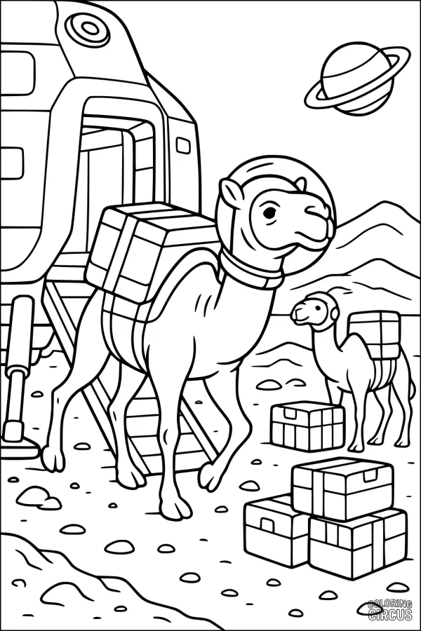 Coloring page with camels in astronaut helmets unloading cargo from a space vehicle on an alien planet