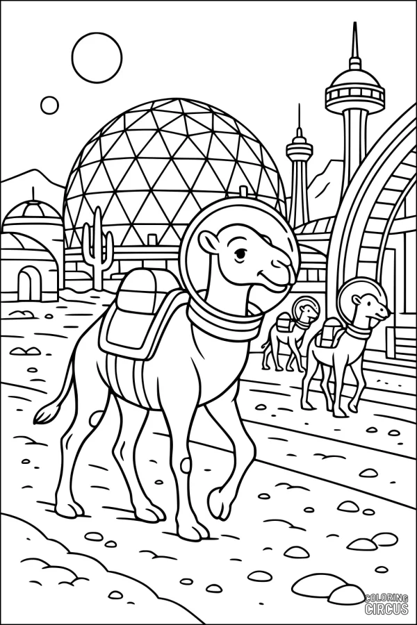 Coloring page showing camels in spacesuits walking in a futuristic desert city with domes and towers in the background