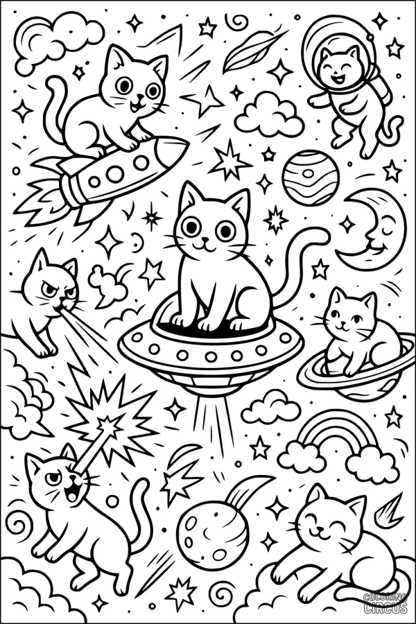 Coloring page showing playful cats exploring outer space with rockets, planets, stars, clouds, and moons