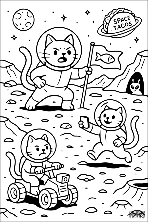 Coloring page with three astronaut cats on the moon, waving a flag, driving a rover, and taking a selfie, with space tacos and an alien in the background.