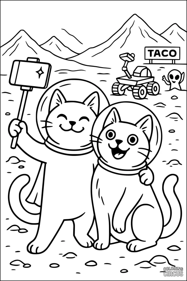 Coloring page featuring two cats in space helmets taking a selfie on a moon-like surface with a taco sign, rover, and waving alien in the background