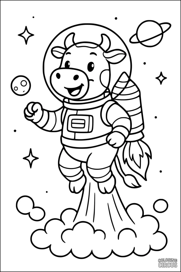 Coloring page of a cartoon cow astronaut flying in space with stars, planets, and a rocket pack.