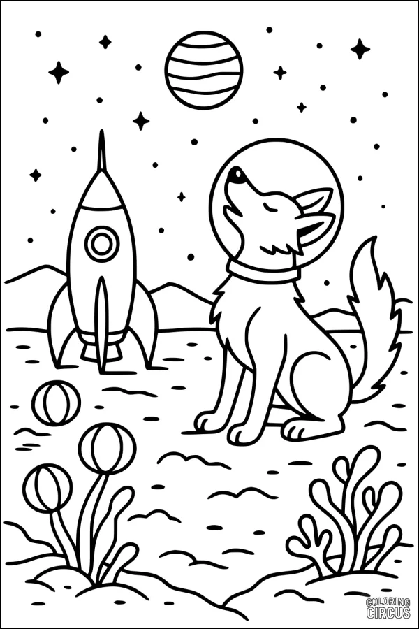 Coloring page of a coyote in a space helmet howling on an alien planet with a rocket, planets, stars, and cosmic plants
