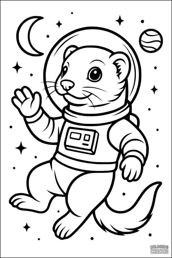 Coloring page of a cartoon ferret in a spacesuit floating in outer space with stars, moon, and planet