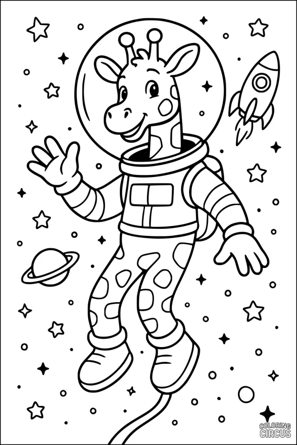 Coloring page of a giraffe in a spacesuit surrounded by stars, planets, and a rocket