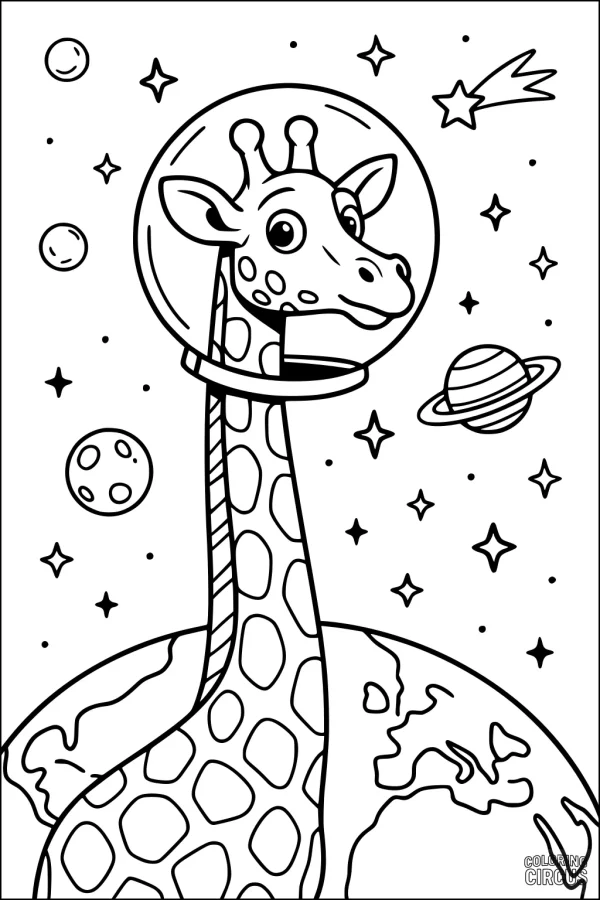 Coloring page featuring a cute giraffe in a space helmet surrounded by stars, planets, and Earth