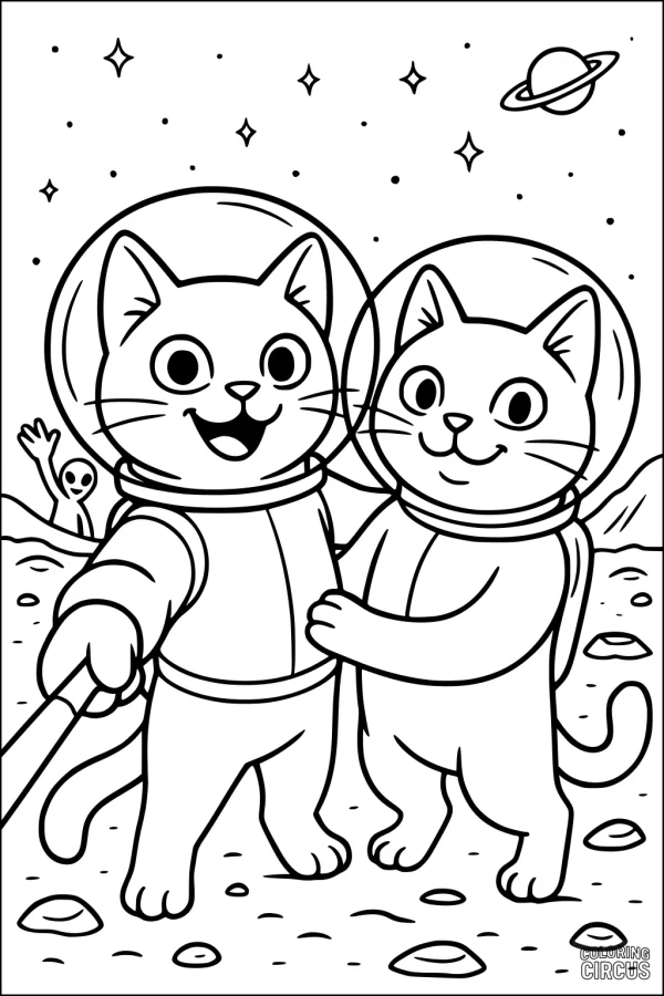 Coloring page with two cartoon cats in spacesuits posing for a selfie on a planet, with a waving alien and stars in the sky