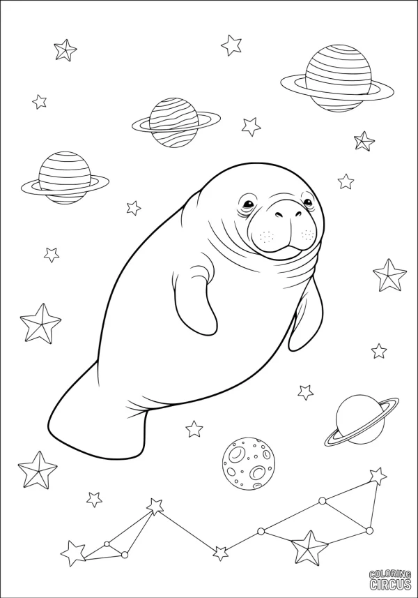 Coloring page manatee floating with planets and stars in space